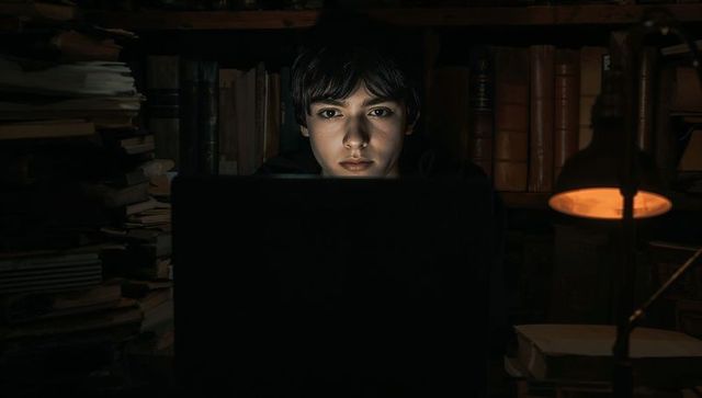 Teen studying late on laptop with moody desk lamp, stacked books and amber lighting