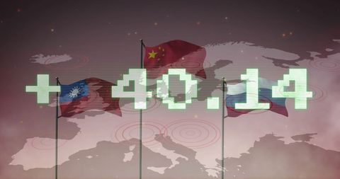 International flags overlaid with digital numbers on world map