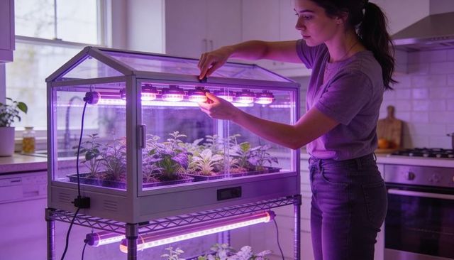 Woman adjusting led grow lights in indoor greenhouse on kitchen rack for seedlings