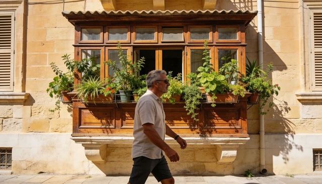 Walking man on sunlit mediterranean street passing wooden balcony with lush planter