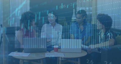 Diverse Team Discussing Financial Data with Analytics Overlay