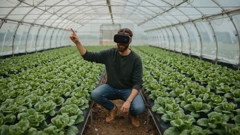 Man Assessing Crops with VR Technology in Modern Greenhouse
