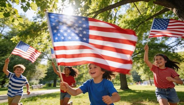 Children waving american flags running through park on sunny summer celebration