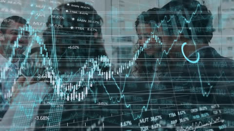 Colleagues Collaborating Amidst Digital Data Overlays in Office