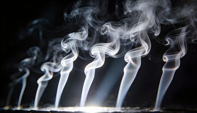 Rising curled smoke plumes backlit over glossy surface with embers and light reflection