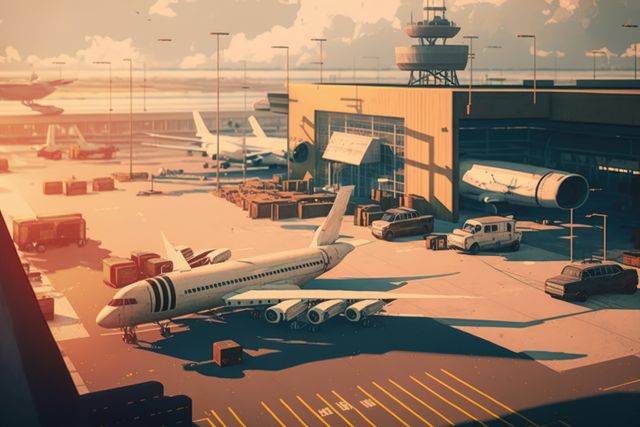 Airport building with cars and planes created using generative ai technology. Airport, transport and travel concept digitally generated image.