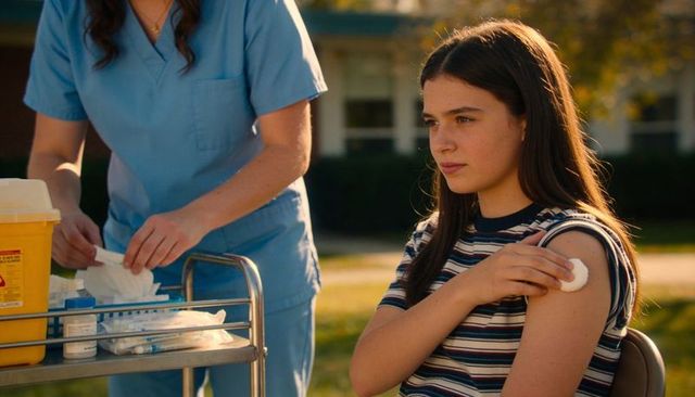 Teen receiving vaccine outdoors with nurse in blue scrubs during sunny community clinic visit