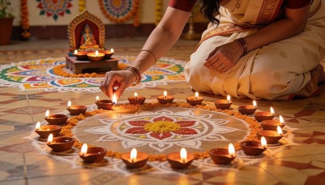 Woman lighting diyas around intricate rangoli for diwali home puja with marigold decor