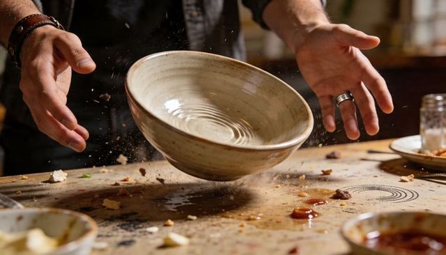 Catching ceramic bowl mid-air while spilling sauce and crumbs on rustic wood countertop