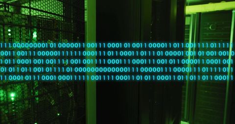 Binary Code Overlay on Data Center Servers, Symbolizing Digital Technology - Download Free Stock Images Pikwizard.com