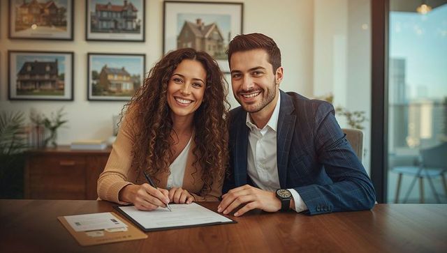 Happy couple signing contract in modern real estate office