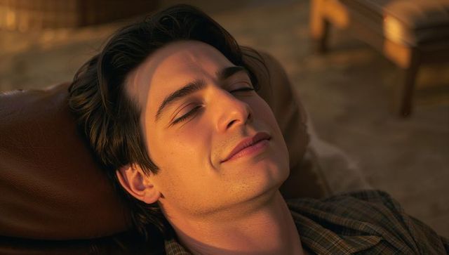 Young man reclining in leather armchair soaking golden sunlight in cozy living room