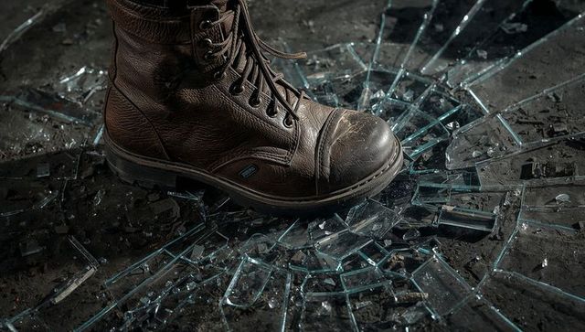 Brown leather work boot pressing through shattered glass on industrial concrete floor