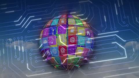 High-Tech Globe Formed by Colorful App Icons Over Circuitry Background