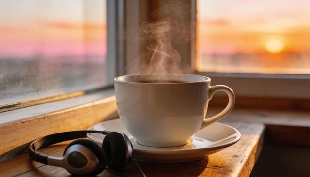 Steaming Coffee Cup on Window Sill with Headphones at Sunrise Cozy Morning Light