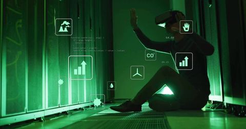 Person using vr headset to observe co2 levels in server room with augmented reality