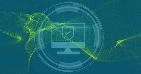 Pulsing Monitor Icon Displaying Shield with Green Waveforms