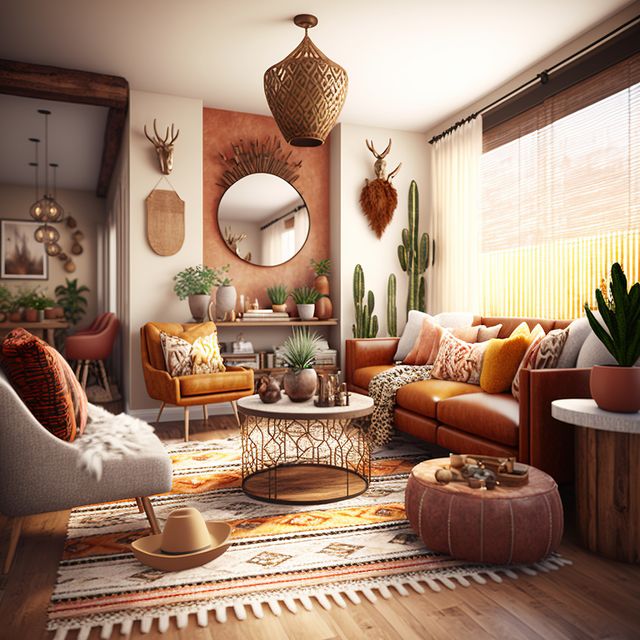 Modern boho-inspired living room with Southwestern-themed decor features abundant natural light. Indoor plants like cacti enhance a relaxing earthy atmosphere. Elements include cozy seating, patterned cushions, and wooden furniture, showcasing a chic, welcoming ambiance. Suitable for home decor inspirations, interior design articles, living space ideas, and lifestyle magazines.