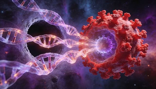 Glowing dna helices interacting with coronavirus-like virion amid nebula molecular fusion