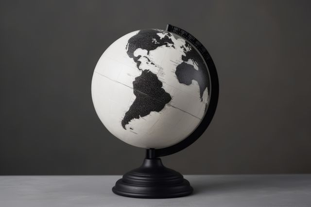 A monochrome globe on a gray background, with copy space. It symbolizes global education, geography learning, and world exploration concepts.