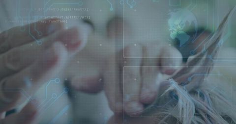 Holding small pet paw with gentle adult hands and futuristic digital circuit overlay