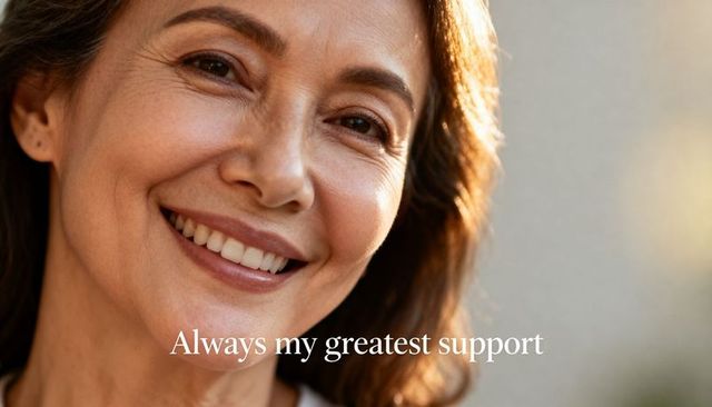 Smiling mature woman basking in golden-hour light closeup with warm natural wrinkles
