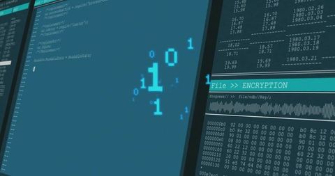 Digital encryption interface displaying binary code and programming