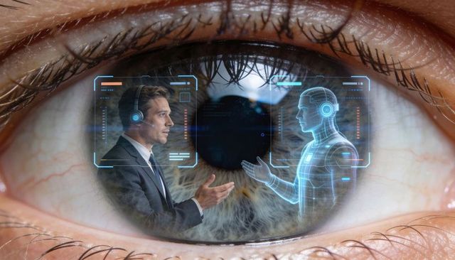 Human eye reflecting holographic presenter interacting with robotic avatar and hud