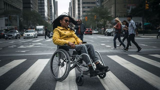 Woman in yellow coat navigating in wheelchair across busy city crosswalk during rush hour