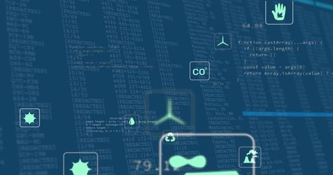 Code Interface with Neon Icons Highlighting Sustainability and Innovation