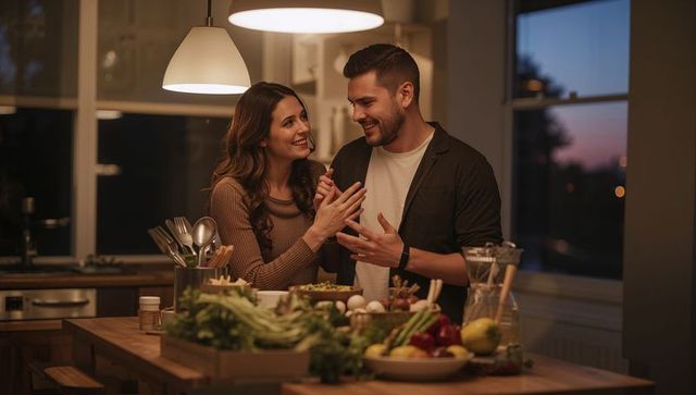 Couple cooking together at kitchen island sharing romantic evening moment