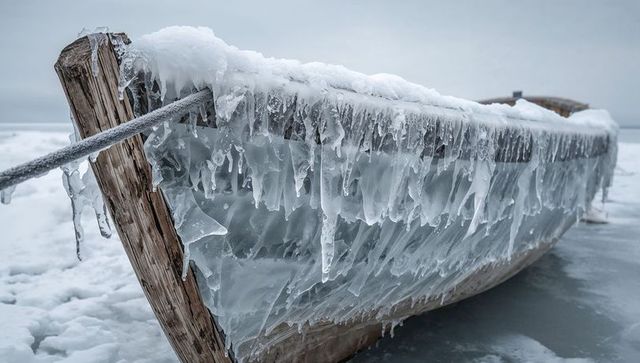 Weathered wooden rowboat showing layered icicles on frozen shoreline, winter texture closeup