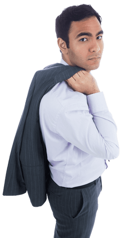 a confident biracial businessman is holding his suit jacket over his shoulder while looking back. the transparent background makes it easy to incorporate into presentations, websites, or advertising material. ideal for themes related to professionalism, multicultural business environments, and modern office settings.