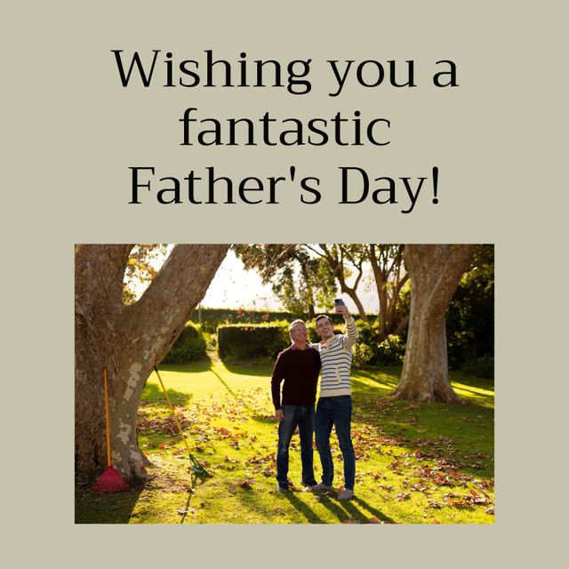 Wishing you a fantastic father's day text with senior caucasian father and adult son taking selfie. Father's day, fatherhood and family concept digitally generated image.