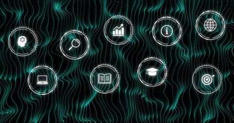 Futuristic Digital Icons on Dynamic Wave Background - Download Free Stock Images Pikwizard.com