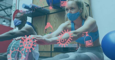 Gym Members Exercising with Face Masks and COVID-19 Icons Overlay