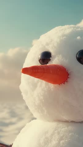 Panning from carrot nose revealing smiling snowman closeup in sunlit winter vertical video