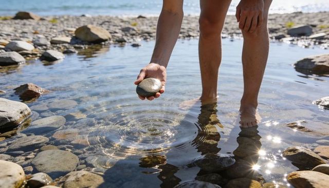 Holding smooth stone creating sunlit ripples on rocky shoreline, barefoot in shallow water