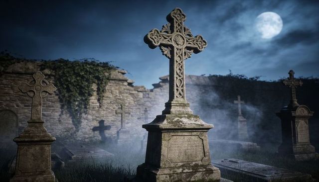 Moonlit celtic cross dominating misty cemetery with mossy headstones, ivy-covered ruins