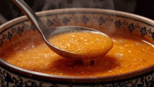 Steaming tomato lentil soup in ceramic bowl with metal ladle, rustic comfort food