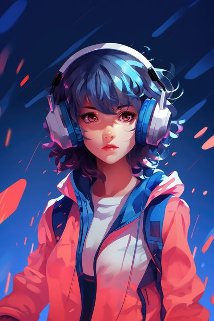 Anime girl wearing large headphones, colorful neon jacket, and backpack. Perfect for websites, blogs, or publications related to anime culture, fashion, digital art, music, youth culture, and futuristic design concepts.