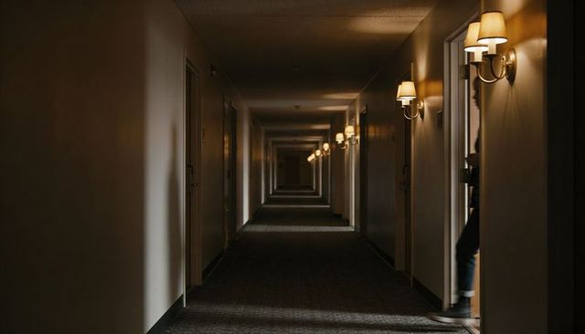 Moody hotel corridor with cropped passerby walking through open door and wall sconces