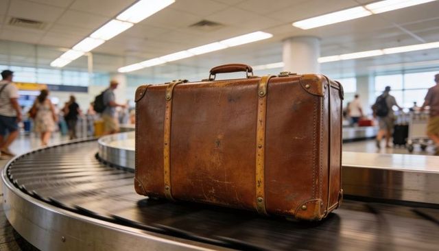 Vintage brown leather suitcase spinning on airport baggage carousel with terminal crowd