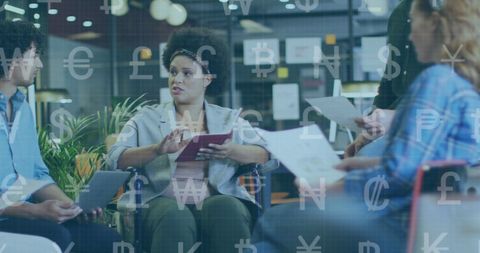 Diverse Team Collaborating in Office with Data Processing Overlay