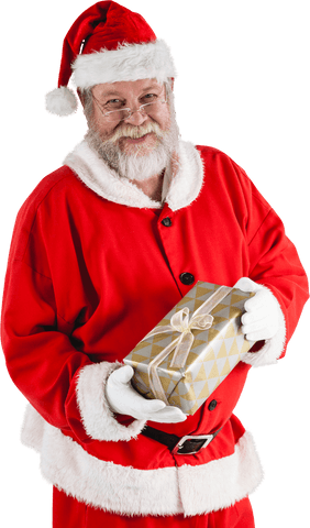 Smiling Santa Claus Holding a Wrapped Christmas Gift Transparent Background