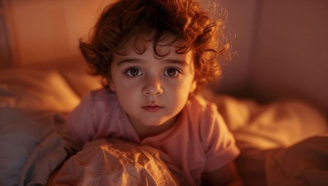 Curly-haired toddler gazing upward in cozy bedtime amber light