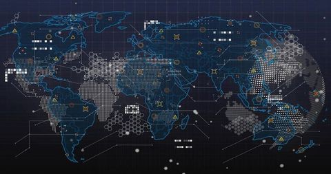 Neon World Map Cyber Analytics Dashboard with Global Data Nodes, Hex Clusters, Interface