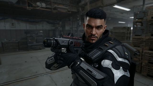 Tactical operative aiming anomaly-detecting rifle wearing futuristic black armor