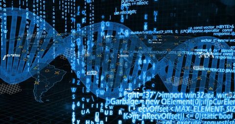 Translucent DNA Helix Twisting Across Holographic Data Grid with Streaming Code Overlay