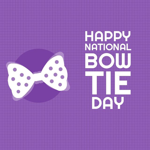 Illustration of happy national bow tie day text with bowtie and grid pattern on purple background. Copy space, white, vector, menswear, fashion and elegance concept.